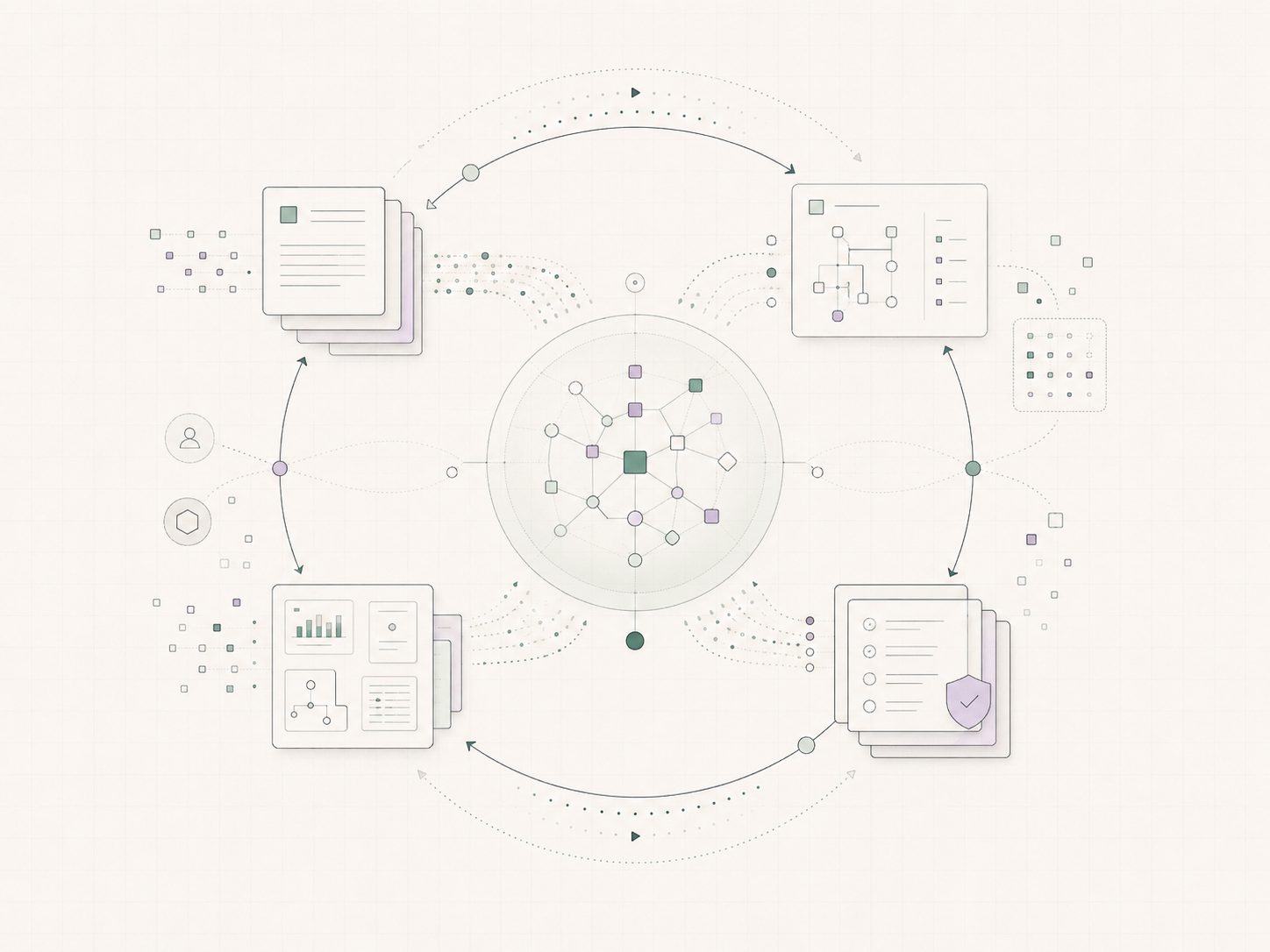 Knowledge graph growing from sparse to dense as firm knowledge compounds across engagements.